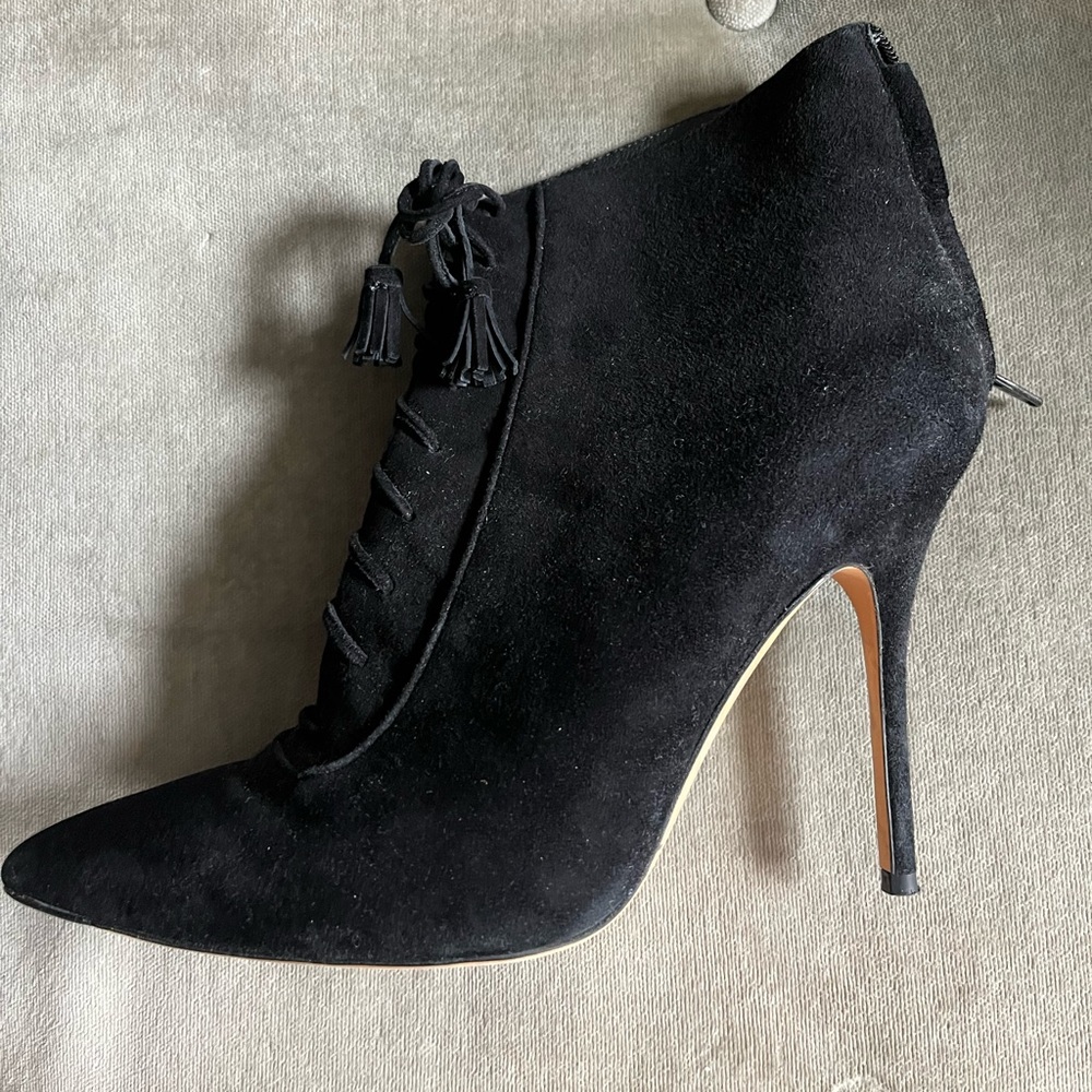 J.Crew black suede lace-up tassel heel booties - perfect for fall